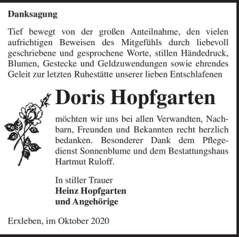 Traueranzeige von Doris Hopfgarten  von Magdeburger Volksstimme