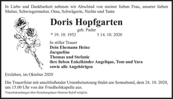 Traueranzeige von Doris Hopfgarten (geb. Puder)  von Magdeburger Volksstimme