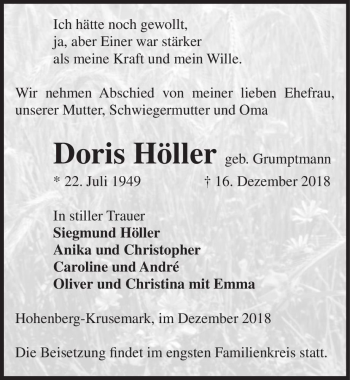Traueranzeige von Doris Höller (geb. Grumptmann)  von Magdeburger Volksstimme