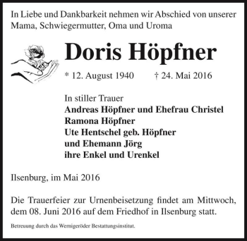 Traueranzeige von Doris Höpfner  von Magdeburger Volksstimme