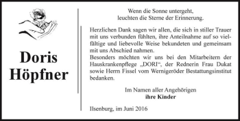 Traueranzeige von Doris Höpfner  von Magdeburger Volksstimme