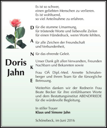 Traueranzeige von Doris Jahn  von Magdeburger Volksstimme