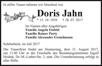Traueranzeige von Doris Jahn  von Magdeburger Volksstimme