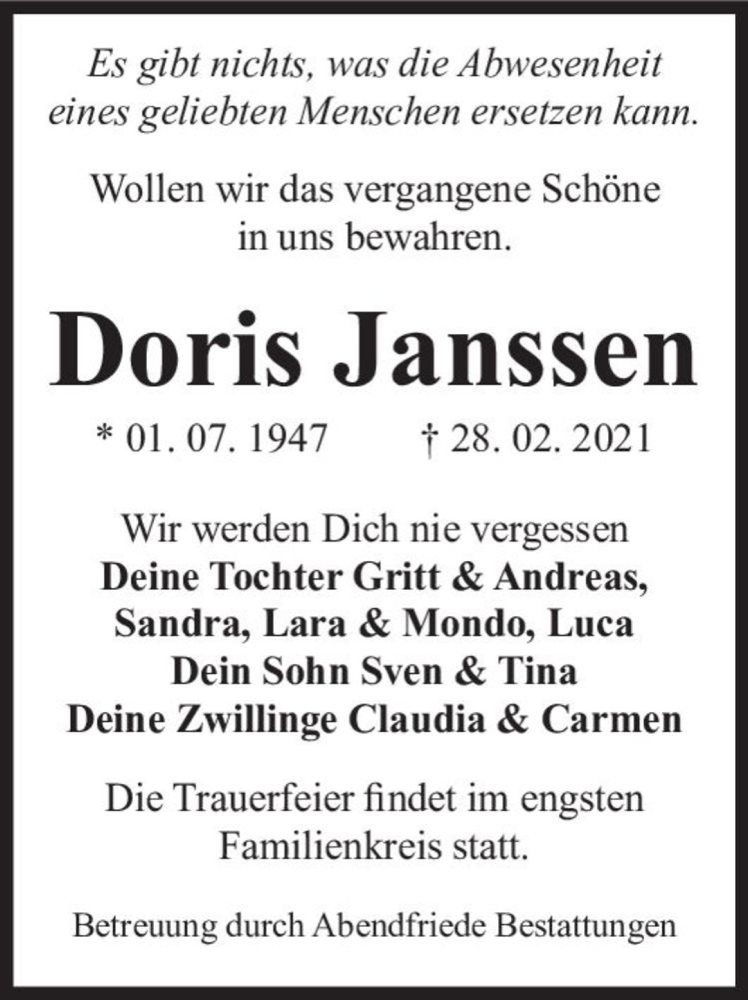  Traueranzeige für Doris Janssen  vom 20.03.2021 aus Magdeburger Volksstimme