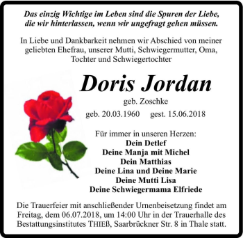 Traueranzeige von Doris Jordan (geb. Zoschke)  von Magdeburger Volksstimme