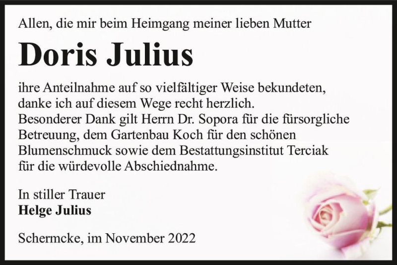  Traueranzeige für Doris Julius  vom 19.11.2022 aus Magdeburger Volksstimme
