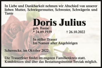 Traueranzeige von Doris Julius (geb. Banse)  von Magdeburger Volksstimme