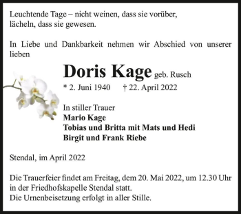 Traueranzeige von Doris Kage (geb. Rusch)  von Magdeburger Volksstimme