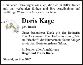 Traueranzeige von Doris Kage (geb. Rusch)  von Magdeburger Volksstimme