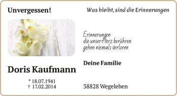 Traueranzeige von Doris Kaufmann  von Magdeburger Volksstimme