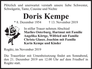 Traueranzeige von Doris Kempe  von Magdeburger Volksstimme