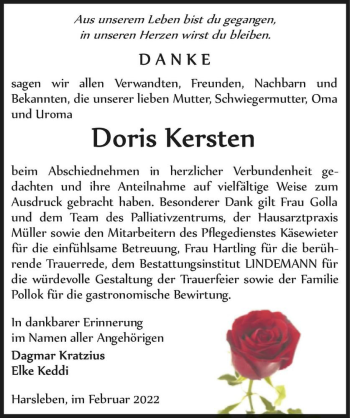 Traueranzeige von Doris Kersten  von Magdeburger Volksstimme