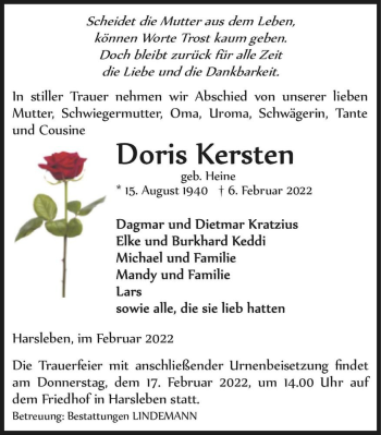 Traueranzeige von Doris Kersten (geb. Heine)  von Magdeburger Volksstimme