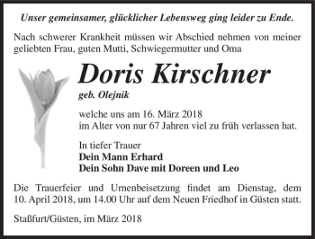 Traueranzeige von Doris Kirschner (geb. Olejnik)  von Magdeburger Volksstimme