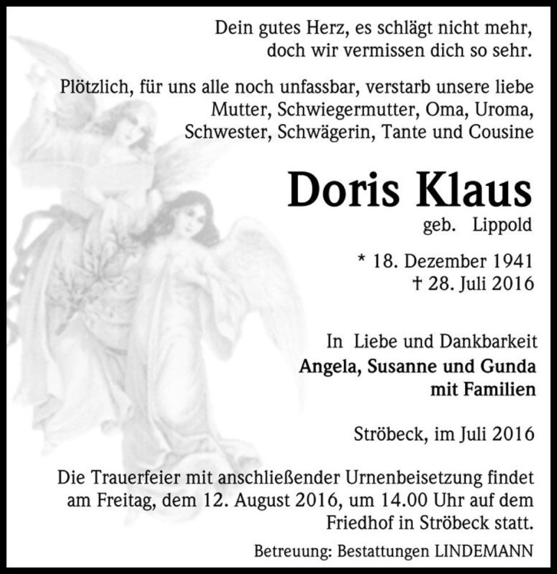  Traueranzeige für Doris Klaus (geb. Lippold)  vom 30.07.2016 aus Magdeburger Volksstimme