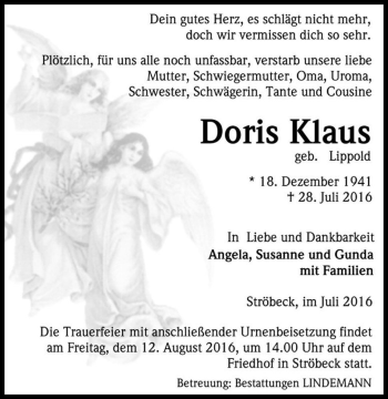 Traueranzeige von Doris Klaus (geb. Lippold)  von Magdeburger Volksstimme