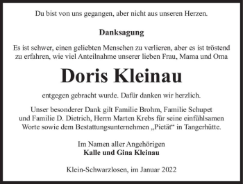 Traueranzeige von Doris Kleinau  von Magdeburger Volksstimme