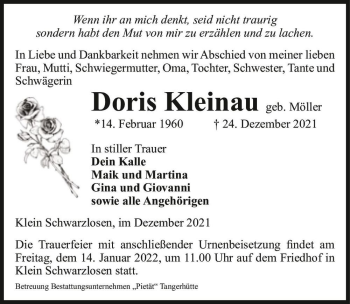 Traueranzeige von Doris Kleinau (geb. Möller)  von Magdeburger Volksstimme
