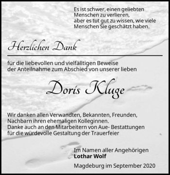 Traueranzeige von Doris Kluge  von Magdeburger Volksstimme