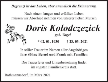 Traueranzeige von Doris Kolodczezick (geb. Vogel)  von Magdeburger Volksstimme