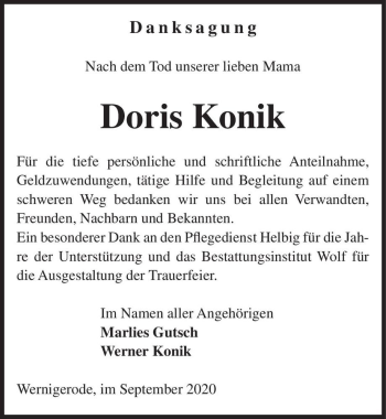 Traueranzeige von Doris Konik  von Magdeburger Volksstimme