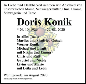Traueranzeige von Doris Konik  von Magdeburger Volksstimme