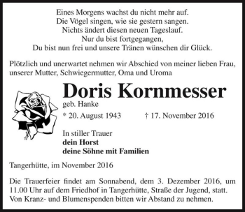 Traueranzeige von Doris Kornmesser (geb. Hanke)  von Magdeburger Volksstimme