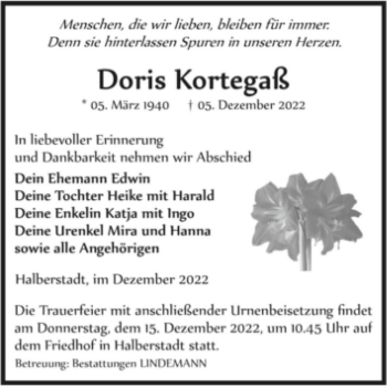 Traueranzeige von Doris Kortegaß  von Magdeburger Volksstimme