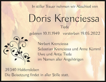 Traueranzeige von Doris Krenciessal  von Magdeburger Volksstimme
