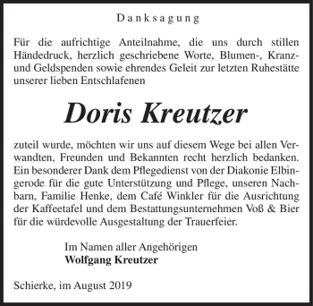 Traueranzeige von Doris Kreutzer  von Magdeburger Volksstimme