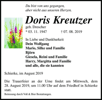 Traueranzeige von Doris Kreutzer (geb. Drescher)  von Magdeburger Volksstimme