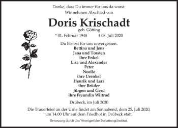 Traueranzeige von Doris Krischadt (geb. Götting)  von Magdeburger Volksstimme