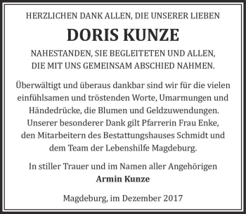 Traueranzeige von Doris Kunze  von Magdeburger Volksstimme