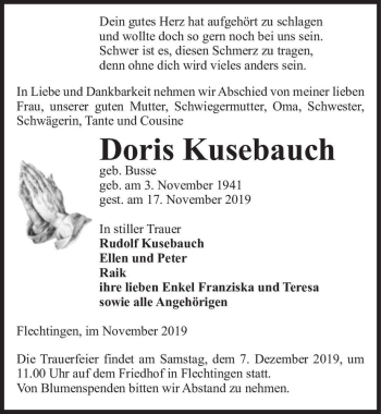 Traueranzeige von Doris Kusebauch (geb. Busse)  von Magdeburger Volksstimme