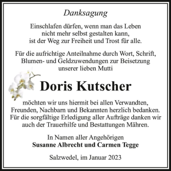 Traueranzeige von Doris Kutscher  von Magdeburger Volksstimme