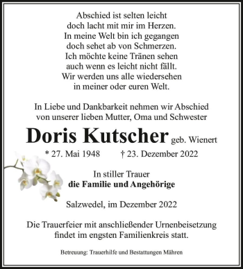 Traueranzeige von Doris Kutscher (geb. Wienert)  von Magdeburger Volksstimme