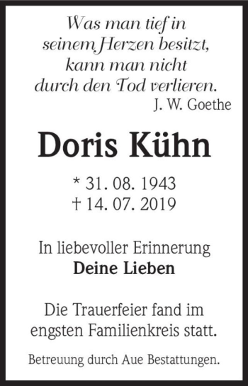 Traueranzeige von Doris Kühn  von Magdeburger Volksstimme