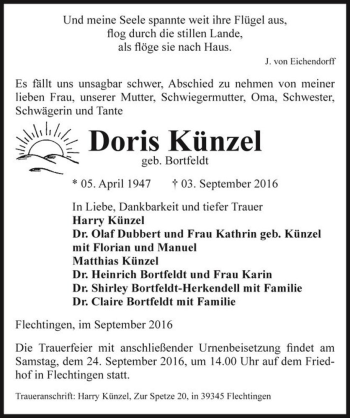 Traueranzeige von Doris Künzel (geb. Bortdeldt)  von Magdeburger Volksstimme