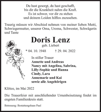 Traueranzeige von Doris Lenz (geb. Liebert)  von Magdeburger Volksstimme