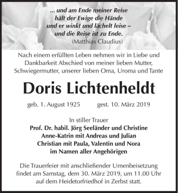 Traueranzeige von Doris Lichtenfeldt  von Magdeburger Volksstimme