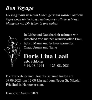 Traueranzeige von Doris Lina Laaß (geb. Schlotter)  von Magdeburger Volksstimme