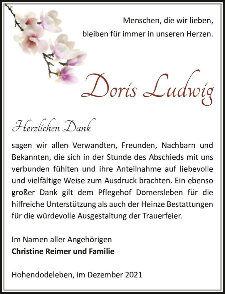  Traueranzeige für Doris Ludwig  vom 11.12.2021 aus Magdeburger Volksstimme