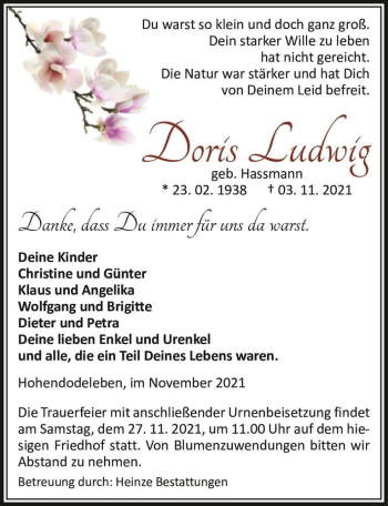 Traueranzeige von Doris Ludwig (geb. Hassmann)  von Magdeburger Volksstimme
