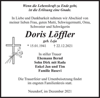 Traueranzeige von Doris Löffler (geb. Leja)  von Magdeburger Volksstimme