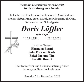 Traueranzeige von Doris Löffler (geb. Leja)  von Magdeburger Volksstimme