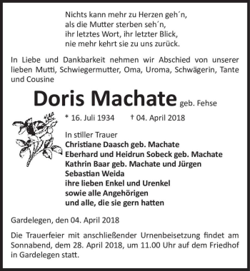 Traueranzeige von Doris Machate (geb. Fehse)  von Magdeburger Volksstimme