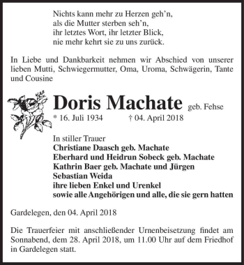 Traueranzeige von Doris Machate (geb. Fehse)  von Magdeburger Volksstimme