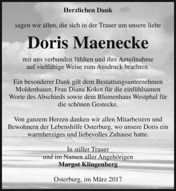 Traueranzeige von Doris Maenecke  von Magdeburger Volksstimme