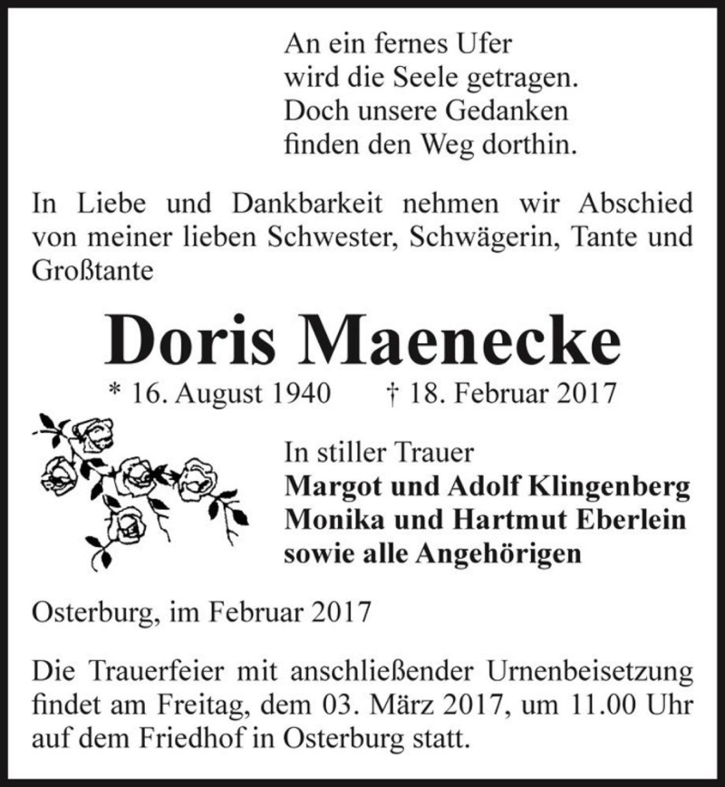  Traueranzeige für Doris Maenecke  vom 21.02.2017 aus Magdeburger Volksstimme