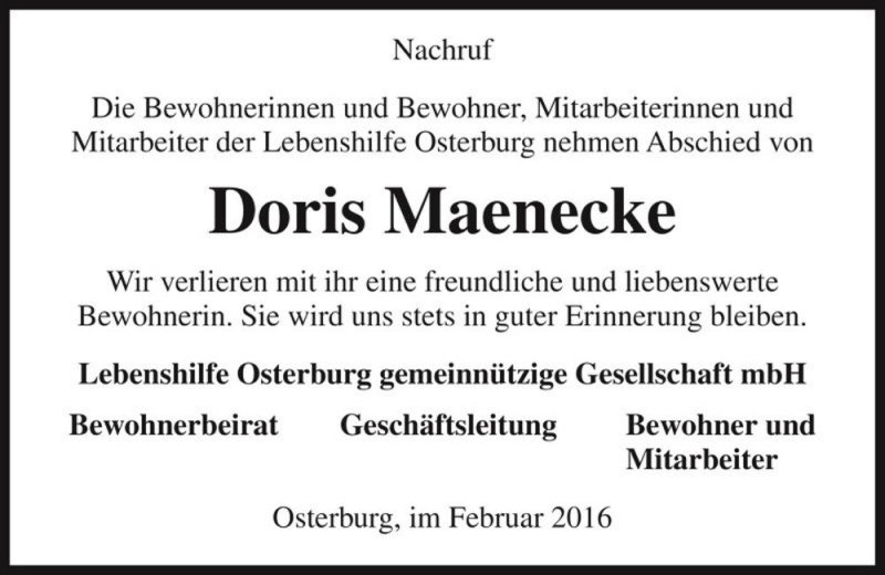  Traueranzeige für Doris Maenecke  vom 04.03.2017 aus Magdeburger Volksstimme